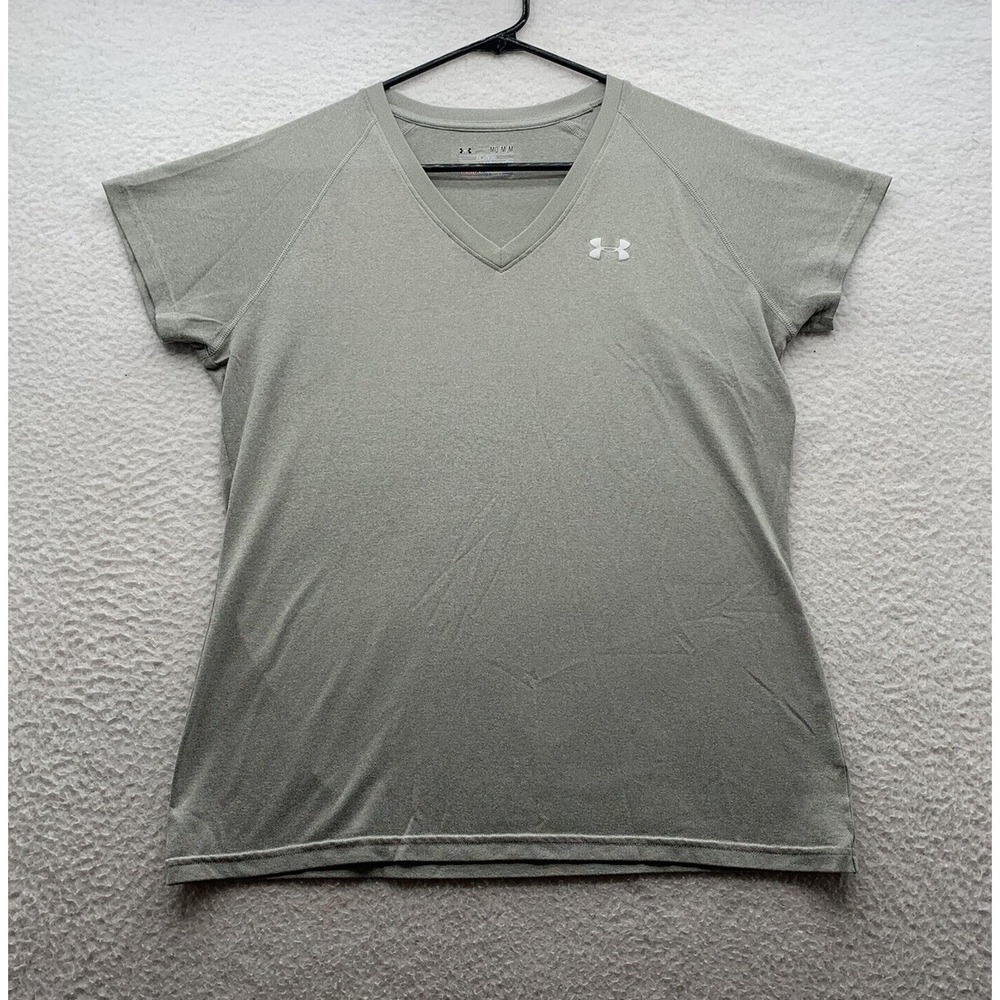 Under Armour V Neck T Shirt Womens Medium M Semi Fitted Heat Gear Gray Athletic
